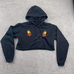 Forever 21 Hoodie Sweater Women Medium M Black Crop Top Cropped Flaming Roses